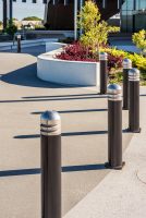 Wide Bollards (WIDE-B2-DOME) powdercoated in Night Sky, with a polished Dome head and double collar.