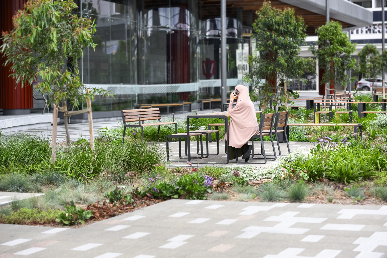 Left to Right: Linea Seat (LIS10), Linea Table (LIT10), Linea Seat (LIS10, single) and Linea Cube (LIC6) with Eco-certified Spotted Gum hardwood battens, Textura Monument frame.