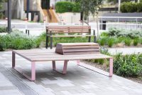 Linea Platform (LIP9) with Hill with Eco-certified Spotted Gum hardwood battens, Dusty Pink frame. Linea Seat (LIS10) with Eco-certified Spotted Gum hardwood battens, Textura Monument frame.
