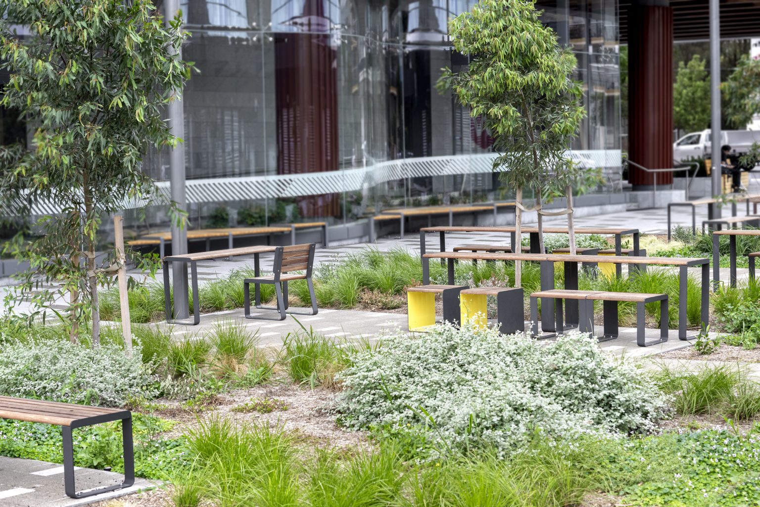 Linea Lookout Table (LIT6), Linea Seat (LIS10), Linea Bench (LIB6), Linea Cube (LIC6 customised colour) with Eco-certified Spotted Gum hardwood battens, Textura Monument frame.