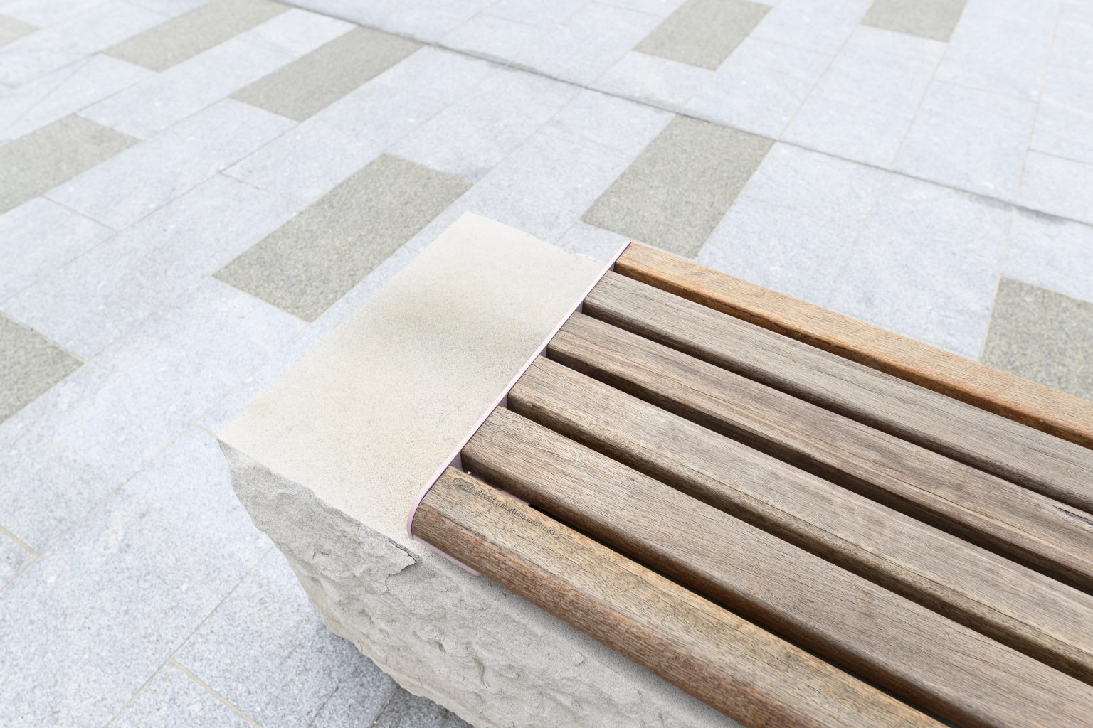Linea Bench (LIB6) plinth-fixed with Eco-certified Spotted Gum hardwood battens and Dusty Pink frames.