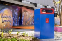 Escola eBin (EBIN-E240) and Ash Cylinder with flat roof, Jaybird blue body with Lobster Red insert.
