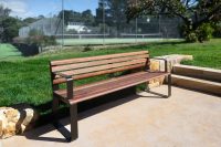 Linea Seat (LIS10) with Spotted Gum hardwood battens, Textura Dark Bronze frame.