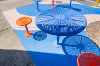 Cafe Round Table (T1) and Cafe Stools (S1) , surface fixed in Jaybird Blue and Sensation Orange