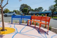 Curved Linea Seat (LIS10-C) with Sensation Orange and Jaybird Blue battens and frame.