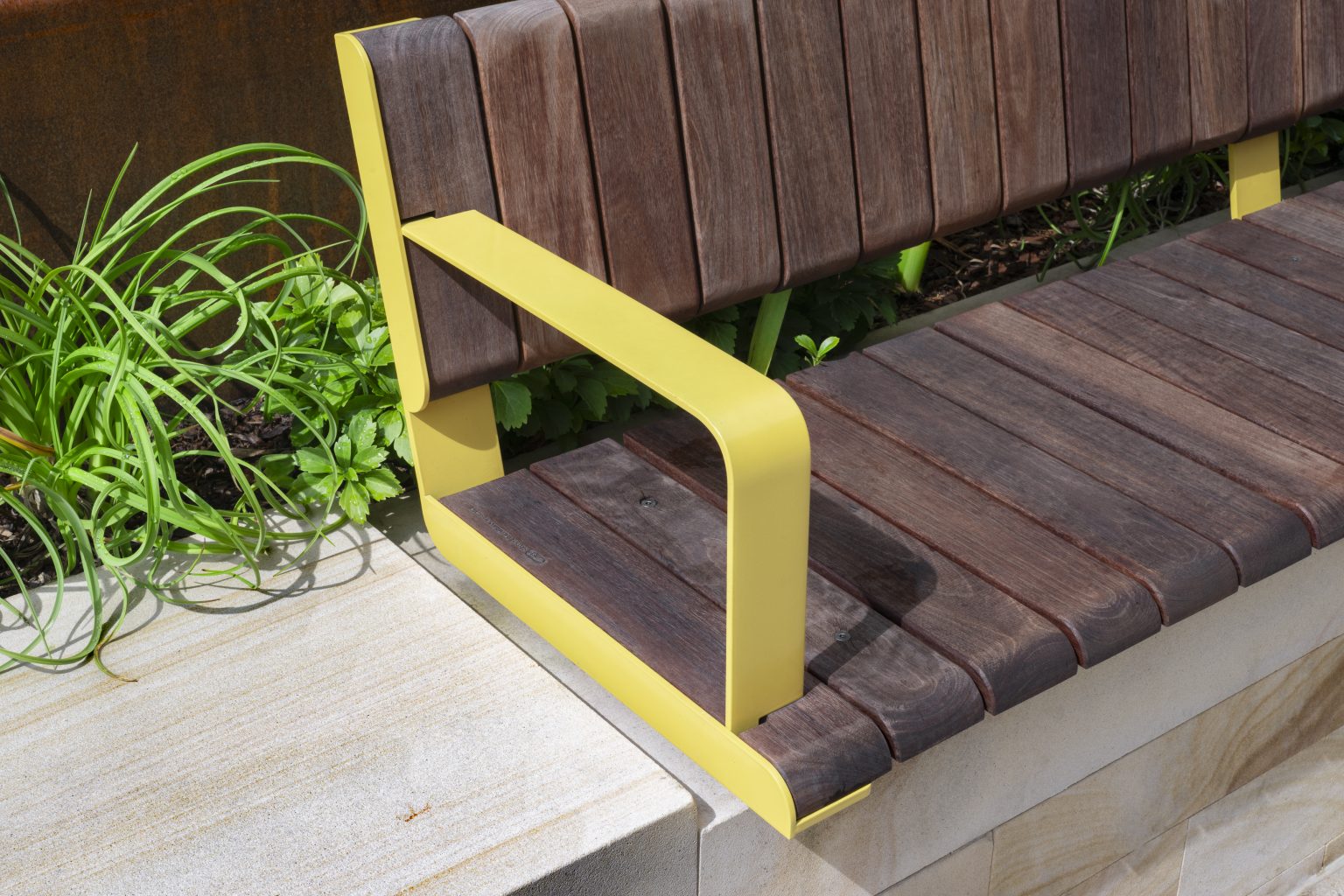 Linea VT Seat (LVS10) 1800mm, plinth mounted with Jarrah hardwood battens and Mustard Satin frame