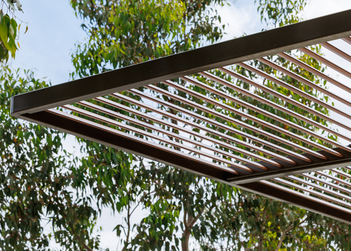 ChillOUT Tree with aluminium spotted gum louvres and duratec eternity bronze trunk