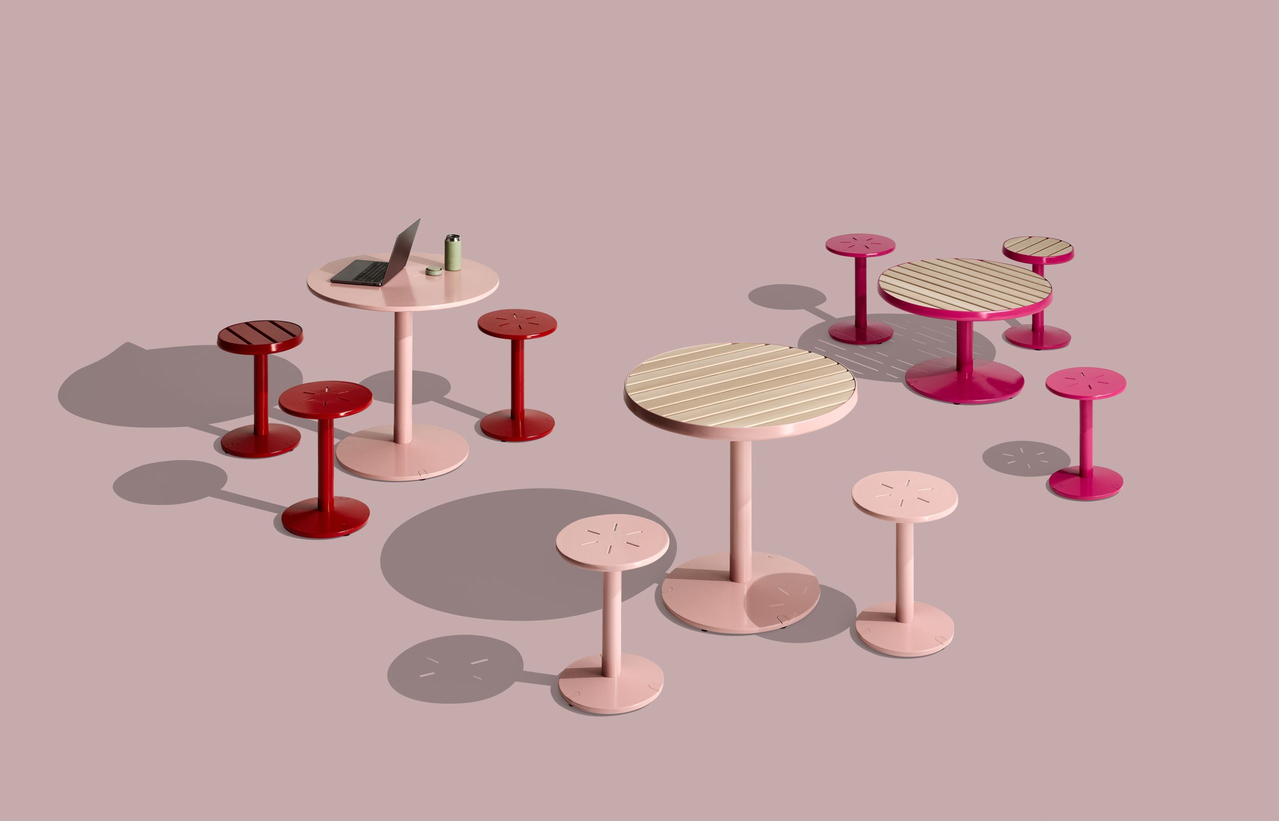 Piatto Table, Coffee Table and Stool in Lobster Red, Dusty Pink, aluminium Curly Birch and Telemagenta Pink.