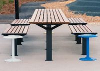 Aria Long Communal Table (CMA6-L) with aluminium Spotted Gum battens, Textura Monument frames.