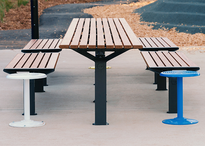 Aria Long Communal Table (CMA6-L) with aluminium Spotted Gum battens, Textura Monument frames.