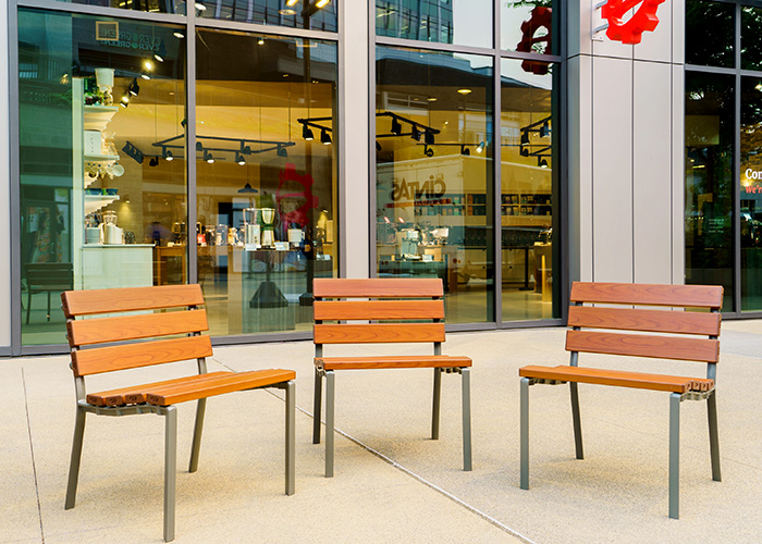 Forum Seats in aluminium woodgrain Bush Cherry, with Woodland Grey frames.