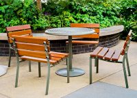 Forum Seats and Cafe Table in aluminium woodgrain Bush Cherry, and Woodland Grey.