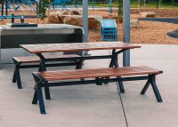 Aria picnic setting (CMA6 and CMA4) with aluminium Spotted Gum battens, Textura Monument frames.