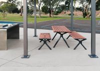 Aria picnic setting (CMA6 and CMA4) with aluminium Spotted Gum battens, Textura Monument frames.