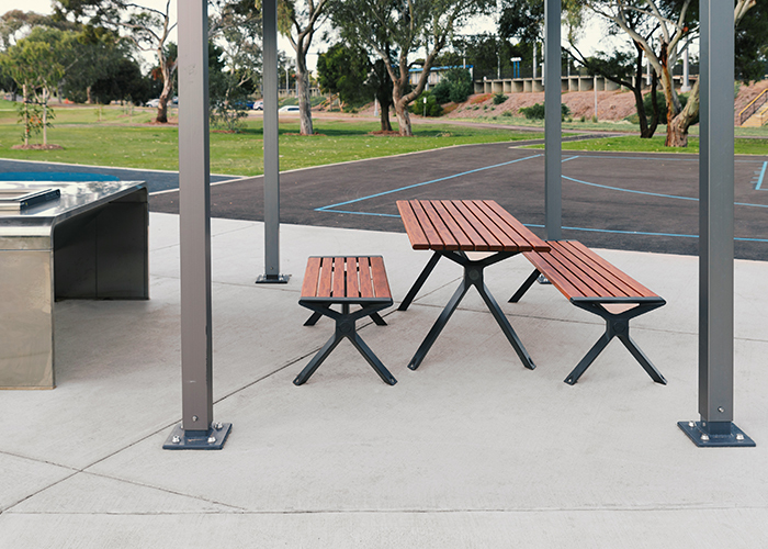 Aria picnic setting (CMA6 and CMA4) with aluminium Spotted Gum battens, Textura Monument frames.