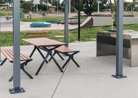 Aria picnic setting (CMA6 and CMA4) with aluminium Spotted Gum battens, Textura Monument frames.