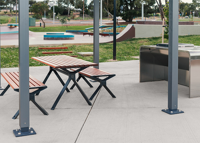 Aria picnic setting (CMA6 and CMA4) with aluminium Spotted Gum battens, Textura Monument frames.