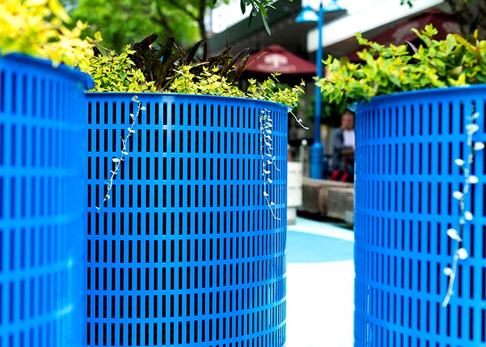 Frame Planter, tailored round 1000x800mm, in Bondi Blue with Slot perforation and adjustable feet.
