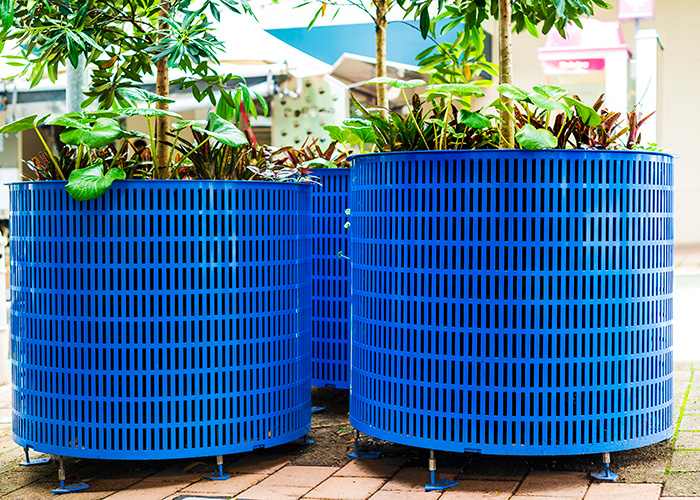 Frame Planter, tailored round 1000x800mm, in Bondi Blue with Slot perforation and adjustable feet.