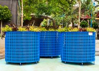 Frame Planter, tailored round 1000x800mm, in Bondi Blue with Slot perforation and adjustable feet.