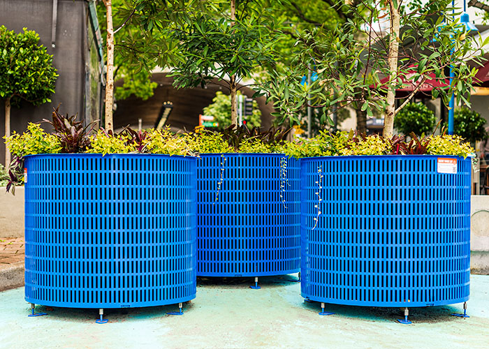 Frame Planter, tailored round 1000x800mm, in Bondi Blue with Slot perforation and adjustable feet.