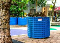 Frame Planter, tailored round 1000x800mm, in Bondi Blue with Slot perforation and adjustable feet.