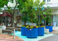Frame Planter, tailored round 1000x800mm, in Bondi Blue with Slot perforation and adjustable feet.