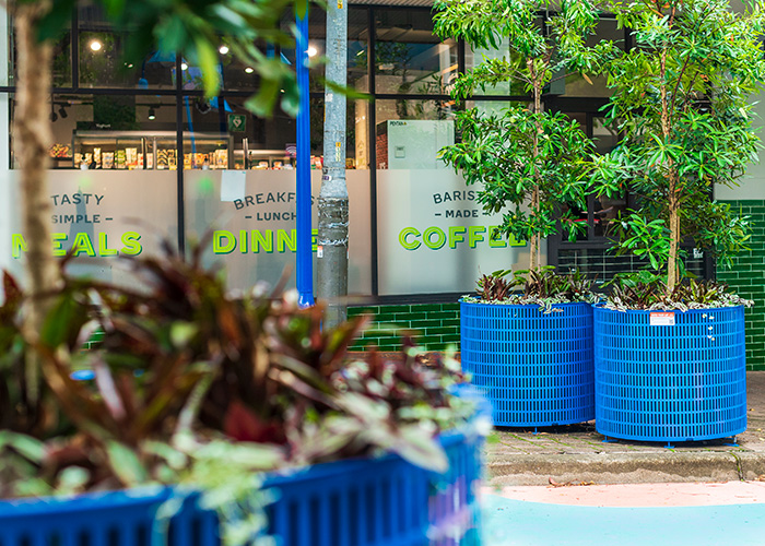 Frame Planter, tailored round 1000x800mm, in Bondi Blue with Slot perforation and adjustable feet.