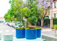 Frame Planter, tailored round 1000x800mm, in Bondi Blue with Slot perforation and adjustable feet.