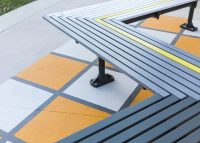 Classic Galleria Mitred Slim Bench, powdercoated in Woodland Grey, Pearl White and Brilliant Yellow.