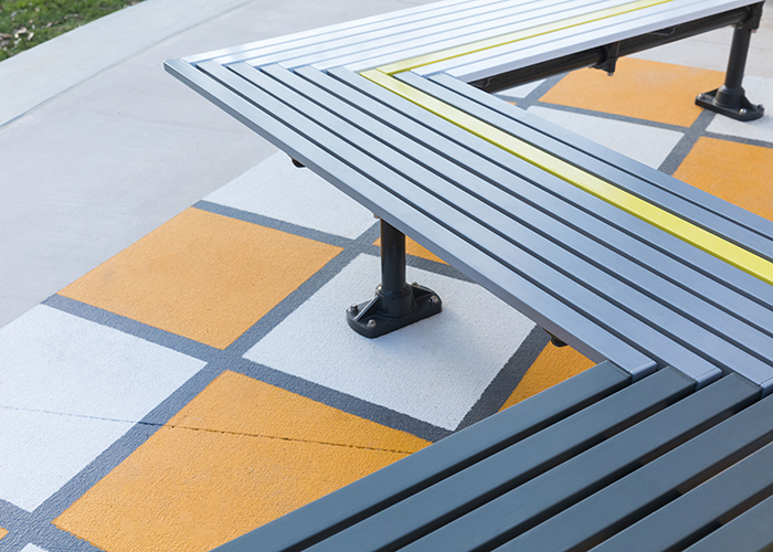 Classic Galleria Mitred Slim Bench, powdercoated in Woodland Grey, Pearl White and Brilliant Yellow.