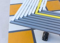 Classic Galleria Mitred Slim Bench, battens in Woodland Grey, Pearl White and Brilliant Yellow, Night Sky frame.