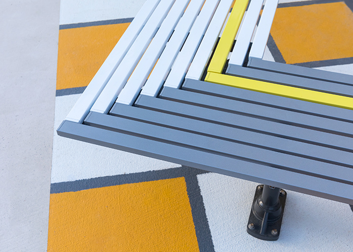Classic Galleria Mitred Slim Bench, battens in Woodland Grey, Pearl White and Brilliant Yellow, Night Sky frame.