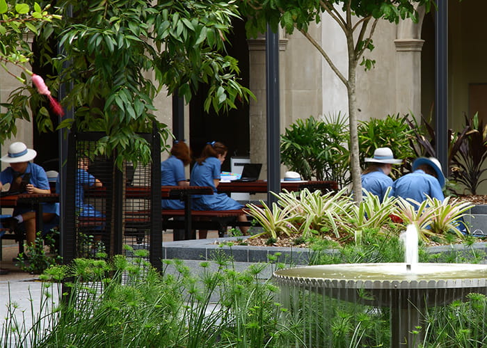 Classic Plaza Tables with Galleria Slim Benches: Jarrah battens, Night Sky frames. Photo: Wilson Architects.