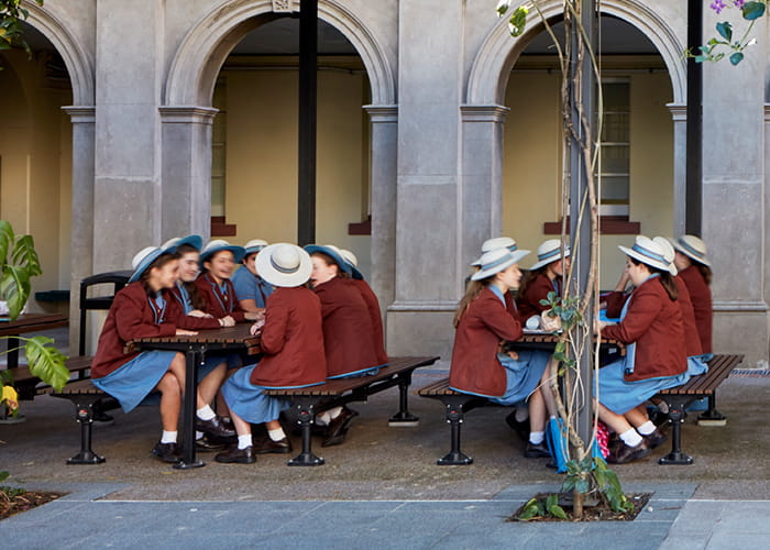 Classic Plaza Tables with Galleria Slim Benches: Jarrah battens, Night Sky frames. Photo: Wilson Architects.