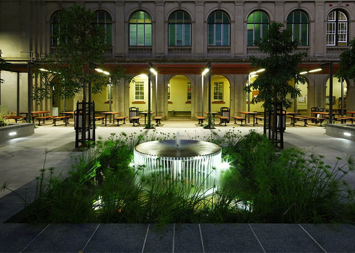 Classic Plaza Tables with Galleria Slim Benches: Jarrah battens, Night Sky frames. Photo: Wilson Architects.