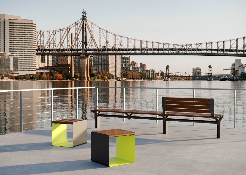 Aria Seating System (3B-2S) with aluminium Bush Cherry battens, Textura Bronze frame. Shown with Linea Cube (with Lycra Strip Green accent).