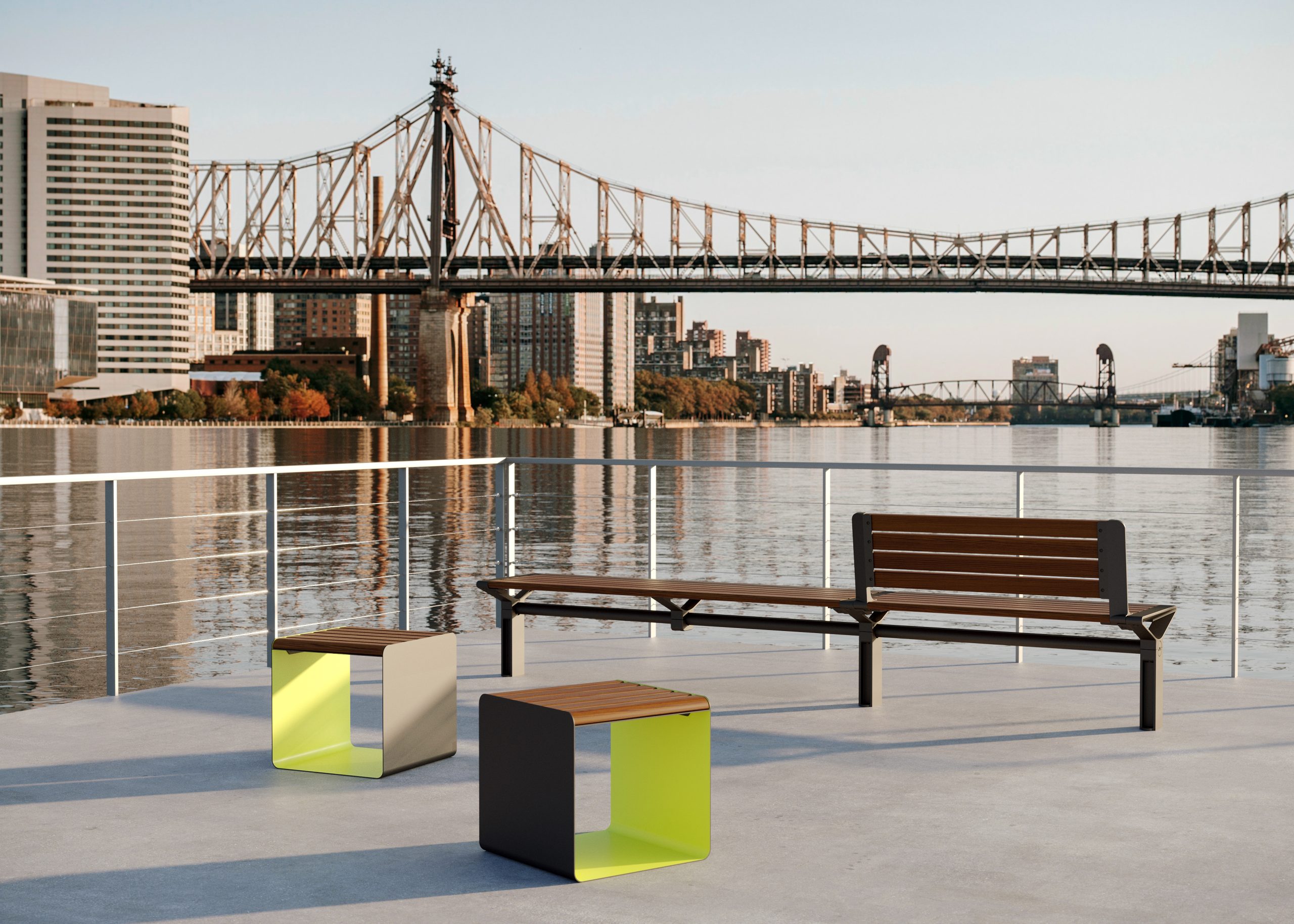 Aria Seating System (3B-2S) with aluminium Bush Cherry battens, Textura Bronze frame. Shown with Linea Cube (with Lycra Strip Green accent).