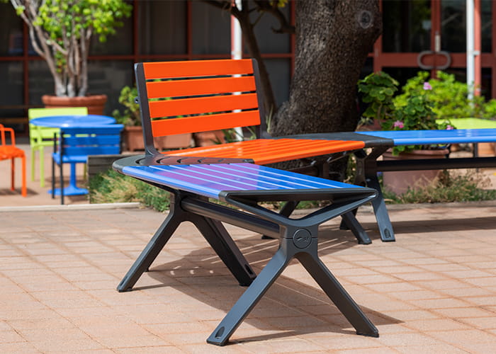 Aria Seat with 45 and 90 degree connectors, Sensation and Bondi Blue battens, Textura Monument frame.