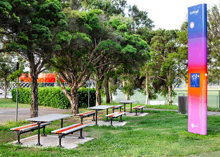 Mall Setting (CMM6) with Slim Benches (CMM8), Textura Silver and Sensation Orange battens, Charcoal frame.