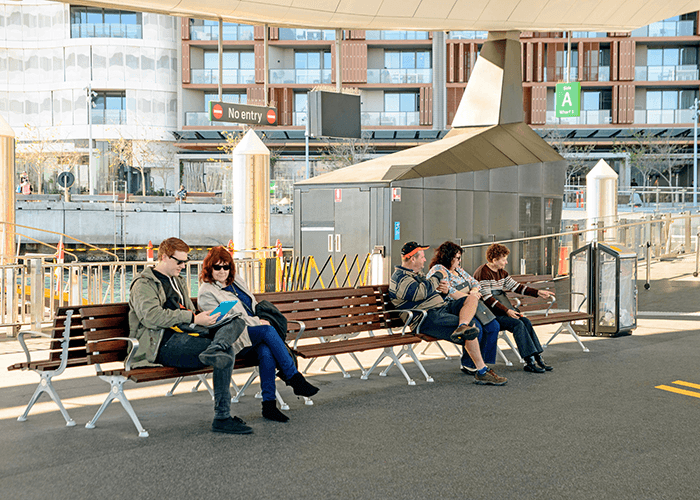 Mall DDA Seats with eco-certified Jarrah hardwood battens and Palladium Silver frames.