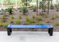 Tailored benches with powdercoated battens in Jaybird, frames in Charcoal.