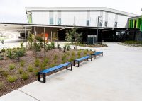 Tailored benches with powdercoated battens in Jaybird, frames in Charcoal.