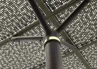 ChillOUT Tree (CT1) powered, with flat circular roof in Textura Woodland Grey and Champagne perforated panels in Pale Eucalypt Green.