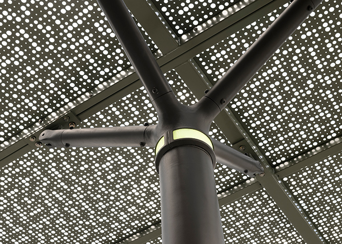 ChillOUT Tree (CT1) powered, with flat circular roof in Textura Woodland Grey and Champagne perforated panels in Pale Eucalypt Green.