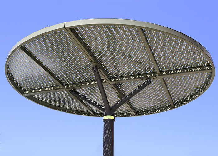 ChillOUT Tree (CT1) powered, with flat circular roof in Textura Woodland Grey and Champagne perforated panels in Pale Eucalypt Green.