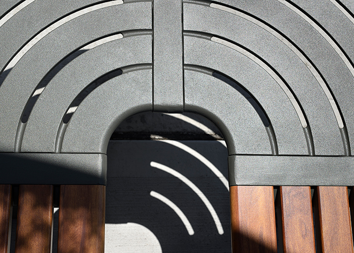 Aria Seating System (3B-C90-C90-3B-C90-C90) with aluminium Spotted Gum battens and Textura Woodland Grey frame.