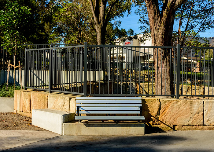 Mall DDA Seat (CMM7) plinth-fixed with anodised aluminium battens and Night Sky frame.