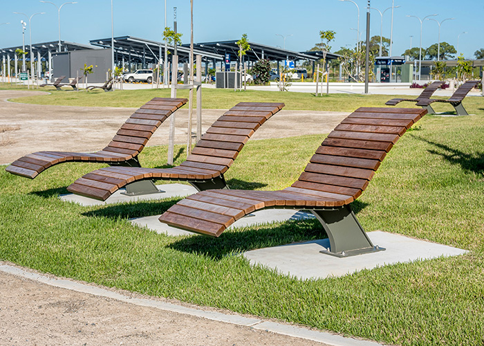 Mall Sun Lounges (CMM-S) with eco-certified Jarrah battens and Woodland Grey frames.