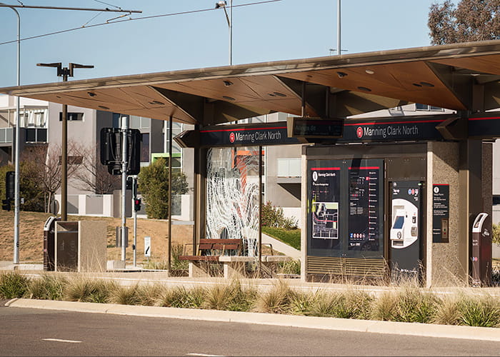 Custom seats and bin enclosures for the Canberra light rail.